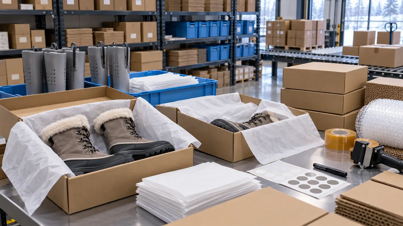 Natural snow boot packaging and fulfillment desk