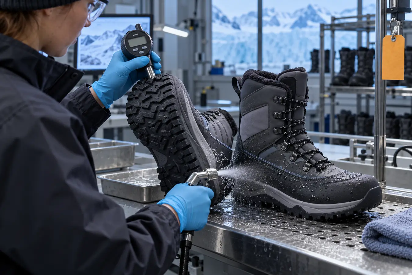 Technician inspecting snow boots at a quality desk